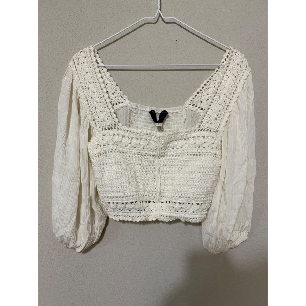 Blue Rain Crochet Crop Top Women‎ Medium Cream Balloon Sleeve Smocked Boho
